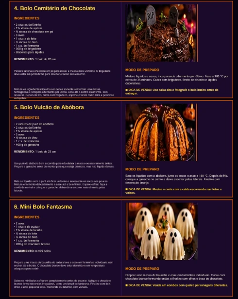Páginas do ebook com as receitas Bolo Cemitério de Chocolate, Bolo Vulcão de Abóbora e Mini Bolo Fantasma